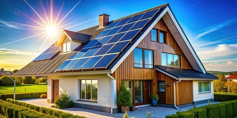 Sunny day powers a Scandinavian modern home; rooftop solar panels provide clean, sustainable energy.