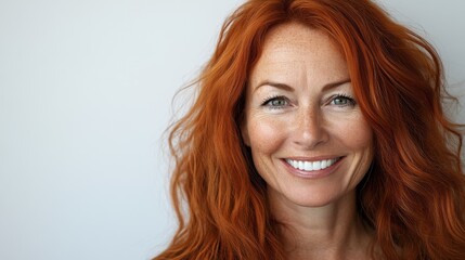 Fototapeta premium Portrait of smiling mature woman looking at camera with big grin. Successful middle aged woman at home smiling. Beautiful mid adult lady with long red hair enjoying whitening teeth treatment.
