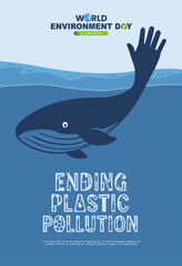 World environment day 2025 design. Whale rising hand for help agains ocean plastic waste. Ending plastic pollution typography.  World environment day 2025 vector illustration. 