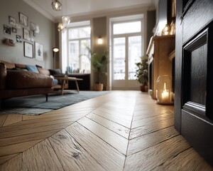 Sunlit living room with herringbone floors, leather sofa, and gallery wall