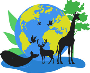 Biological diversity illustration. Earth with Wildlife and Tree illustration for environment, ecology awarness. Vector isolated