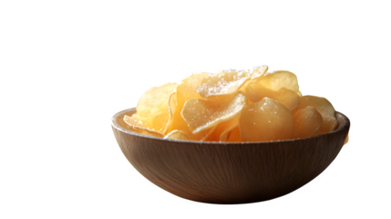 Bowl of potato chips with salt crystals and light oil, photorealistic