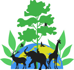 Biological diversity illustration. Earth with Wildlife and Tree illustration for environment, ecology awarness. Vector isolated