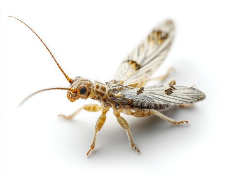 macro photo of a tiny thrips insect, isolated on white background, scientific macro view, high magnification, crisp detail