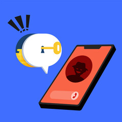 Phone bank scammer. Extortion money from credit debit card, protecting swindle attack on call or online banking app, financial fraud mask vector illustration. Online crime concep