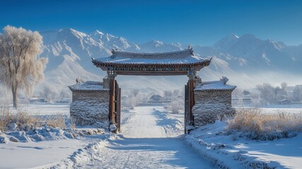 A snowy path leads through an ornate gate to mountains under a blue sky.