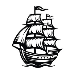 Monochrome Silhouette Of a Ship With Sails And Flags Isolated On White Background