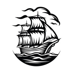 Sailboat Sailing on Ocean Waves, Black Silhouette Illustration, Nautical Adventure, Ship