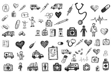 Naklejka premium Health and medical doodles collection featuring hand drawn sketches of medical equipment