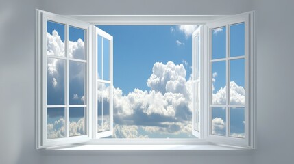 Obraz premium New clear white open PCV windows with sunny blue sky and clouds behind it. Minimal backdrop.