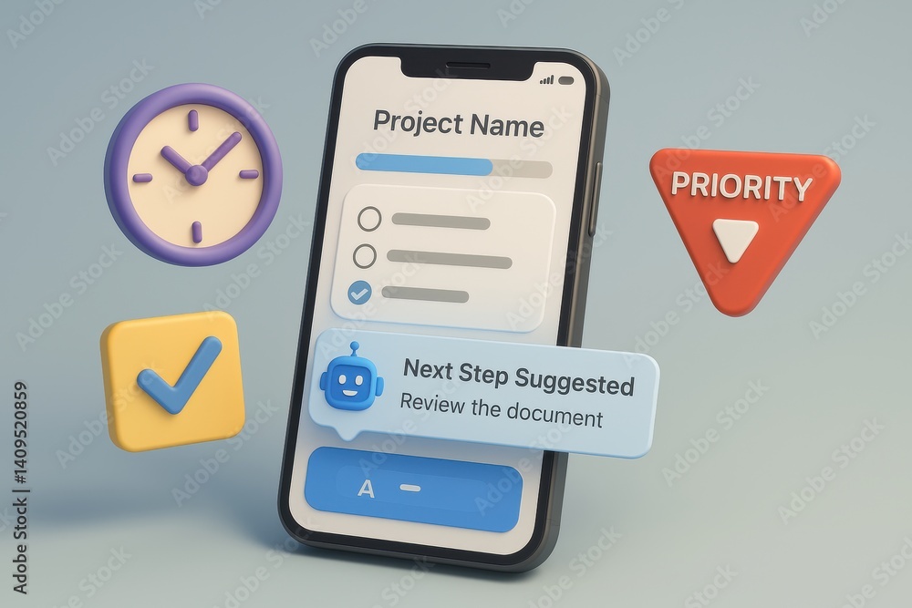 Poster smartphone app: a modern smartphone interface displaying project management tools, symbolizing effic