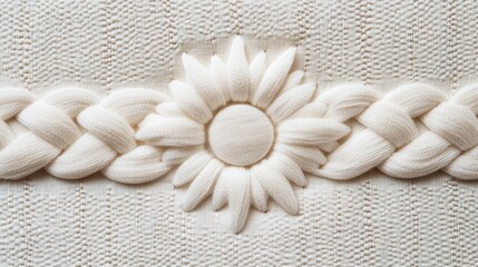 inclusive textile art, close-up of modern fabric with white-on-white embroidery, incorporating ribbon loops, sun shapes, and inclusivity icons, promoting unity and awareness