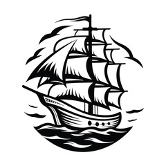 Majestic Sailing Ship Silhouette in Ocean Waves | HighContrast Vintage Nautical Design