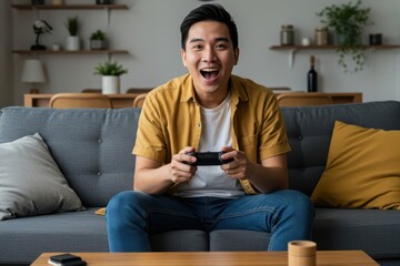 Happy young Asian man sitting on the sofa in the living room, shouting in excitement while having fun playing video games at home 