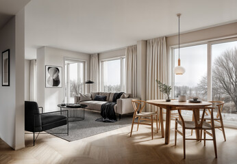 A contemporary open-plan living and kitchen area. A large gray sectional sofa with patterned cushions anchors the living space, facing a light wooden coffee table. Large windows offer a city view.