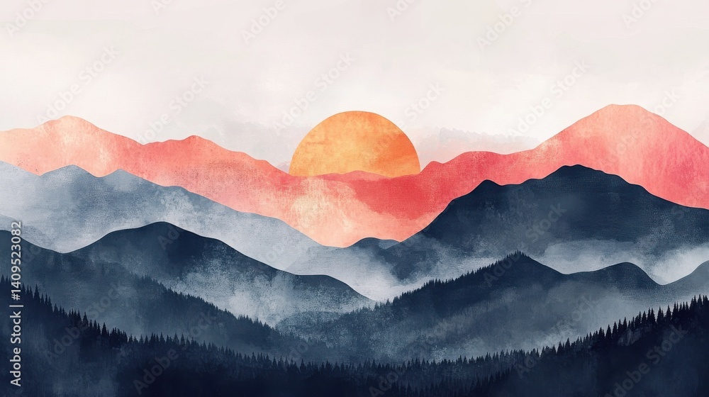 Poster minimal abstract landscape background vector. mountain background with watercolor texture . vector a