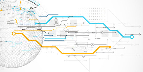 Abstract circuit board background with sphere. Hi-tech digital technology concept. Vector.