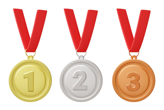 3D illustration vector render of 3 separate award medal icons in order of achievement. Gold medal first place winner, silver medal second place, and bronze medal third place, isolated on white backgro