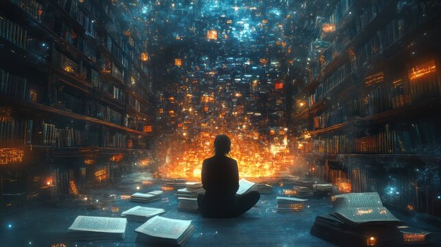 Celestial Library: A lone reader amidst ethereal glow and boundless knowledge