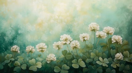 Elegant white clover flowers in a soft green meadow landscape painting art oil calm plant bloom image