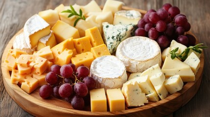 A vibrant cheese platter adorned with assorted cheeses and fresh grapes on a rustic wooden table