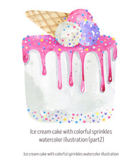 Watercolor illustration ice cream cake with colorful sprinkles. Blue icing, topped,  ice cream ball, waffle cone. Perfect for summer-themed designs, birthday cards, dessert projects, invitations