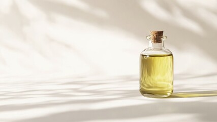 Naklejka premium Oil bottle with plant shadows, minimalist and simple aesthetic in a clean shot.