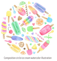 Watercolor composition ice cream. Colorful ice cream, fruit, ice cream cones, popsicle, cherries, mint leaves, and wafers background. Design invitations party, printable stationery,  festive 