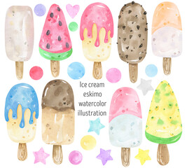 Watercolor illustrations popsicle ice cream set: colorful popsicles, watermelon, chocolate chip, rainbow, and fruity.. Perfect for summer-themed designs and creative projects.