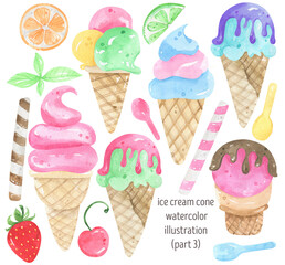 Colorful watercolor illustrationice cream cones with different flavors and toppings, ice cream ball, sprinkles. Perfect for summer-themed designs, dessert projects, party invitations
