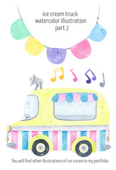 Watercolor summer themed cute ice cream truck. Includes colorful party garlands, musical notes, 
 background. Design invitations birthday, summer party, printable stationery, festive summer graphics