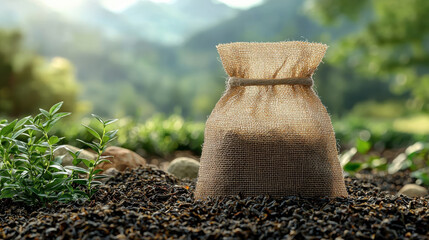 burlap sack filled with tea leaves sits on bed of loose tea, surrounded by green plants, against blurred natural background. eco friendly packaging emphasizes sustainability