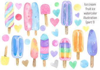 Watercolor popsicle and fruit ice cream set illustration. Collection including rainbow, striped, and fruity ice lollies.  Perfect for summer designs greeting cards, party invitations, scrapbooking.