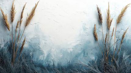 serene abstract painting features textured blue and white background with golden wheat stalks, evoking sense of calm and nature