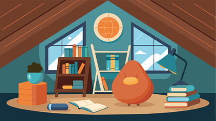 A cozy attic study with beanbag chairs and a vintage globe next to a shelf of carefullyorganized coding books.. Vector illustration © Justlight