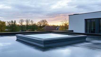 A modern skylight on a flat roof at sunset. Architectural, contemporary design.