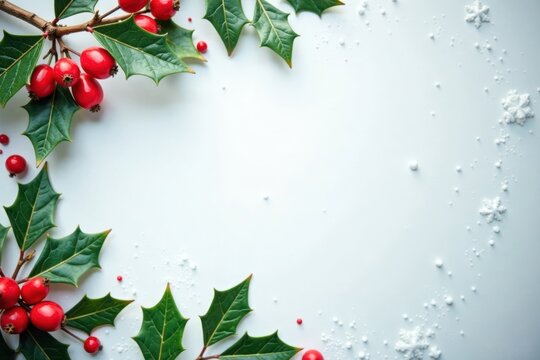 Red holly berries and green leaves hanging from a golden string against a snowy white background, branch, leaf