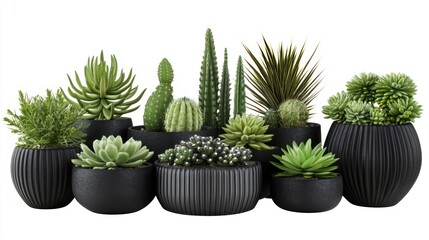 Assorted succulents and cacti in modern black ribbed pots.