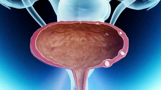 Urology bladder anatomy, bladder stone formation process, male reproductive system, camera advancing bladder stone, 3D rendering