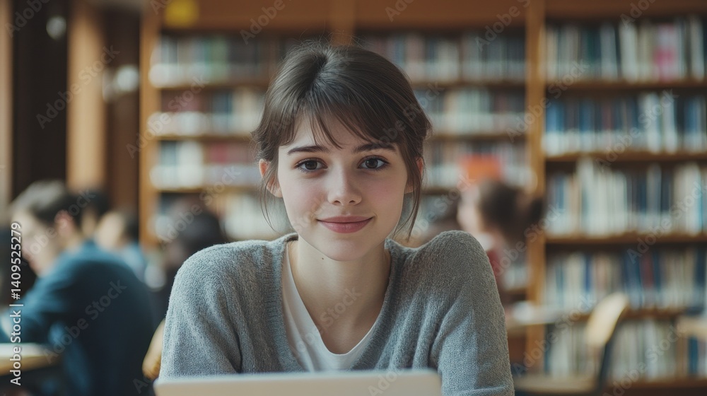Poster happy young woman working on laptop and looking at camera in classroom. portrait of smiling universi