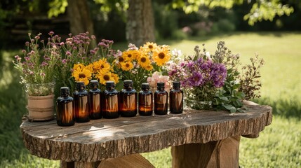 Fototapeta premium Natural beauty: A rustic setup with essential oils and vibrant flowers in a serene garden setting