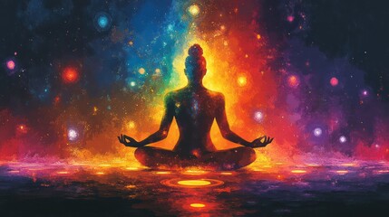 Silhouette Meditating Figure in Cosmic Radiance of Meditation Practice