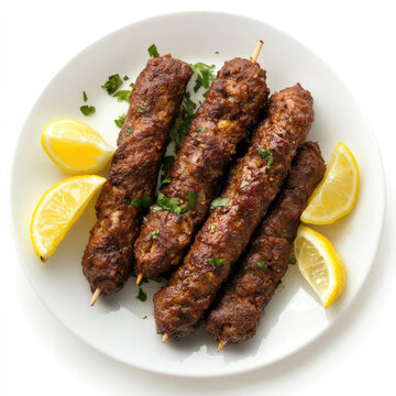 A serving of mutton seek kebabs with lemon wedges