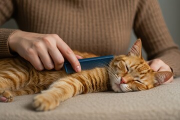 Obraz premium Woman combs a dozing ginger cat fur. Fluffy pet comfortably settled to sleep. Cute cozy background, morning bedtime at home. 