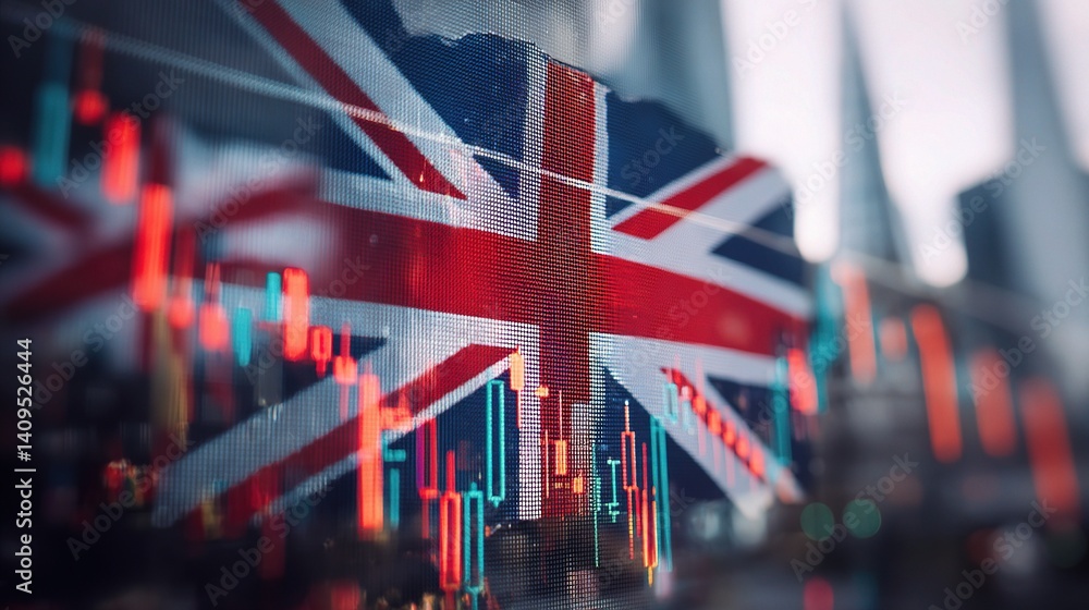 Poster uk flag overlay on stock exchange trading graphs and data visuals