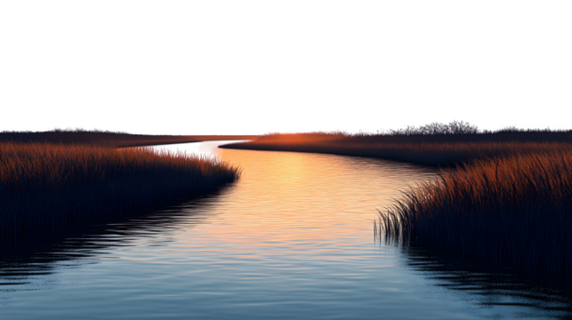 River silhouette at sunset, detailed and isolated on white background