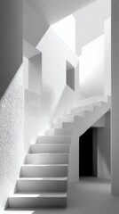 Fototapeta premium Sunlit white staircase ascending in a minimalist, geometric interior