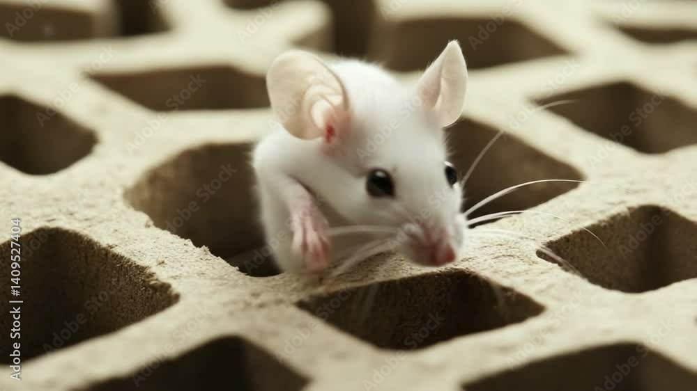 Poster close-up of a curious white mouse exploring a textured surface in a natural setting