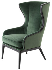 A contemporary wingback chair, boasting a rich deep emerald green velvet upholstery.