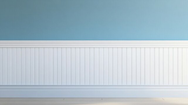 Blue and white wall with wainscoting and wooden floor texture background.